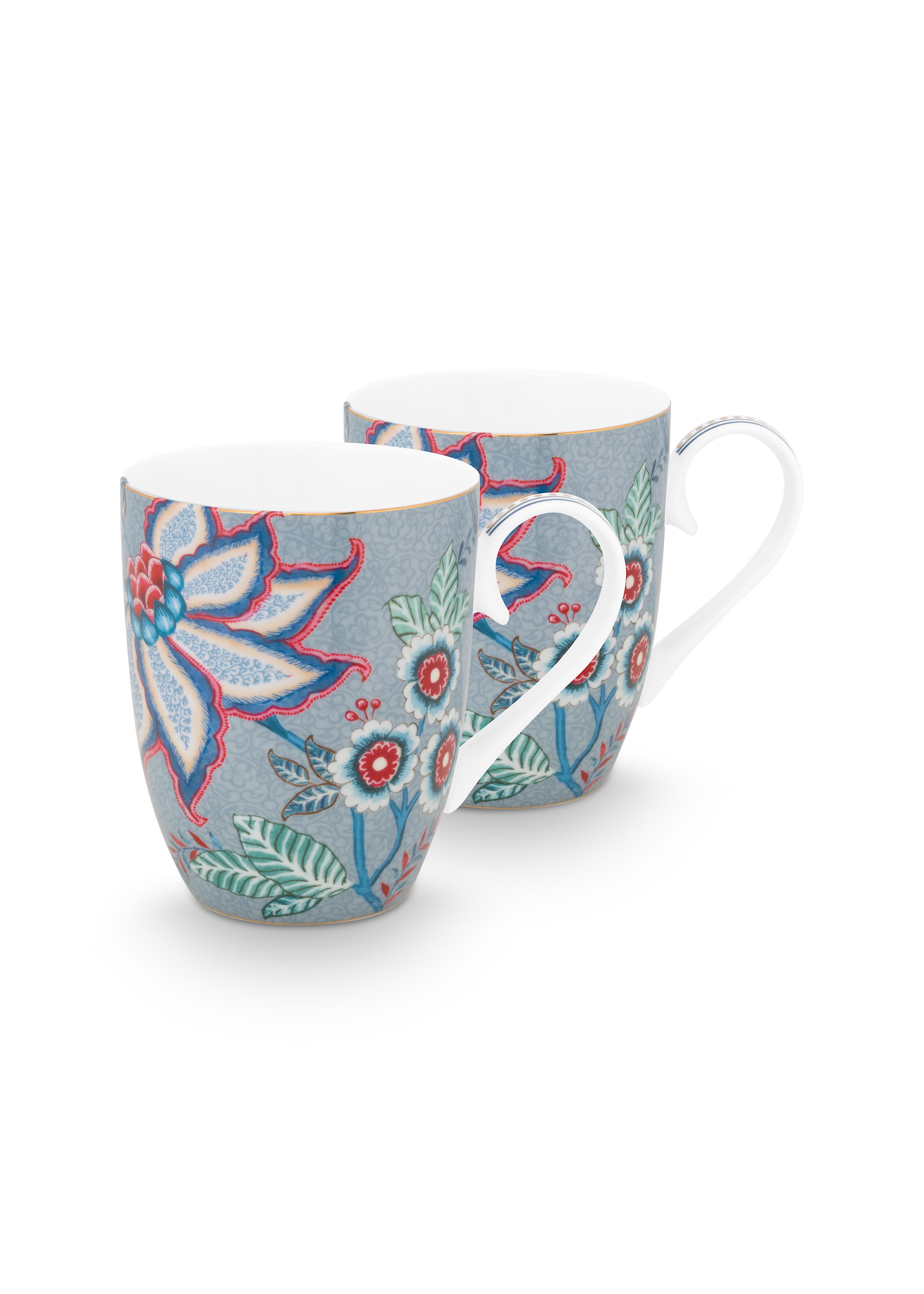 Set/2 Mugs Large Flower Festival Light Blue 350ml Sparkle Gifts